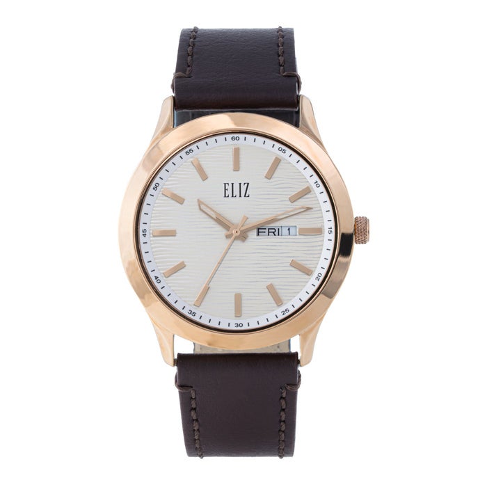 ELIZ ES8923G1RSO SS Caseback & Leather Strap Day-Date Men's Watch - Image 1