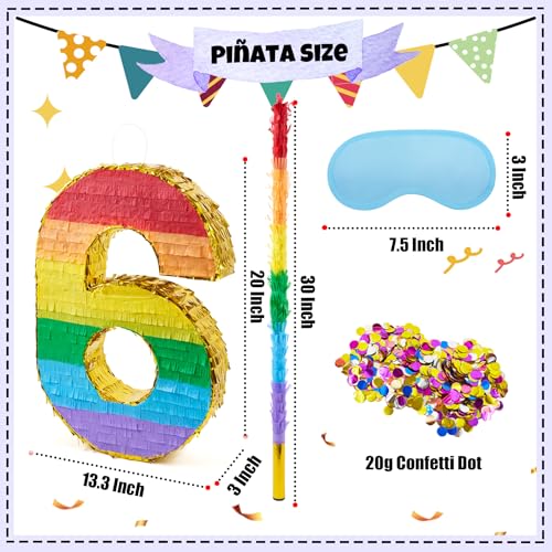 PCFING 20 Inch Number 6 Piata Rainbow with 30 Inch Piata Stick Blindfold Confetti for Boys Girls Adults Birthday Party Decorations Anniversary Celebration Fiesta - Image 5