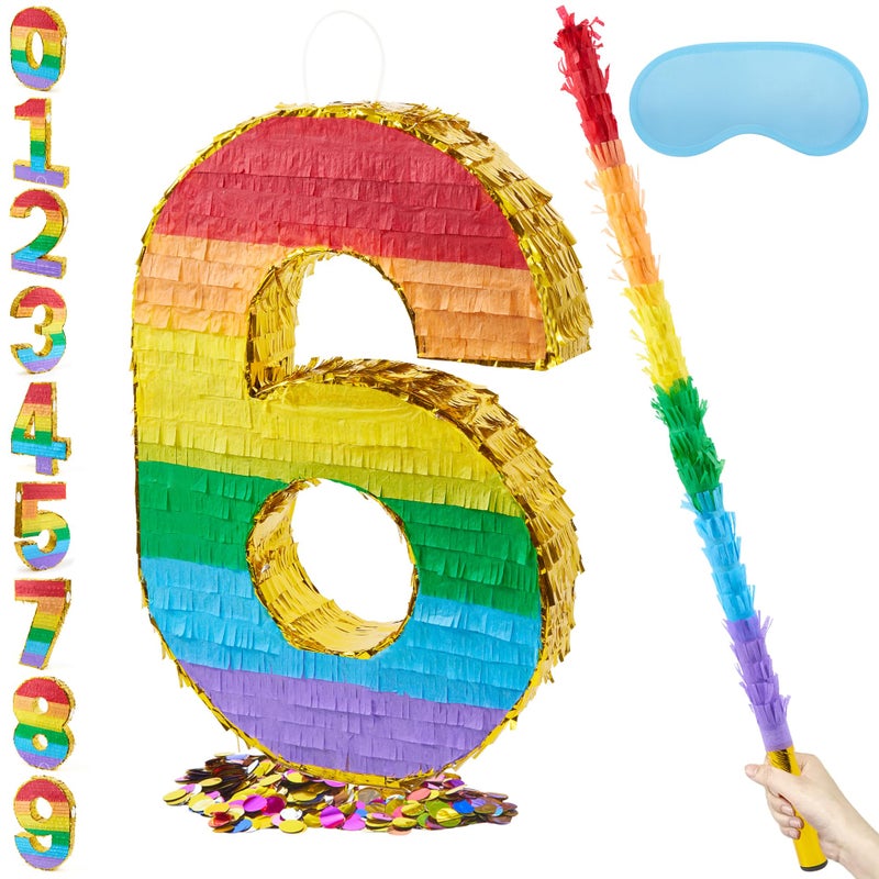PCFING 20 Inch Number 6 Piata Rainbow with 30 Inch Piata Stick Blindfold Confetti for Boys Girls Adults Birthday Party Decorations Anniversary Celebration Fiesta - Image 3