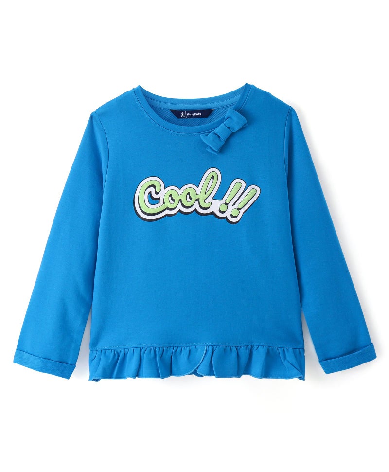 Pine Kids Cotton Knit Full Sleeves Top with Text Print Bow & Frill Detailing - Blue - Image 1