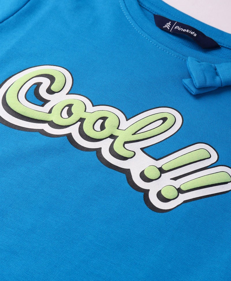 Pine Kids Cotton Knit Full Sleeves Top with Text Print Bow & Frill Detailing - Blue - Image 3