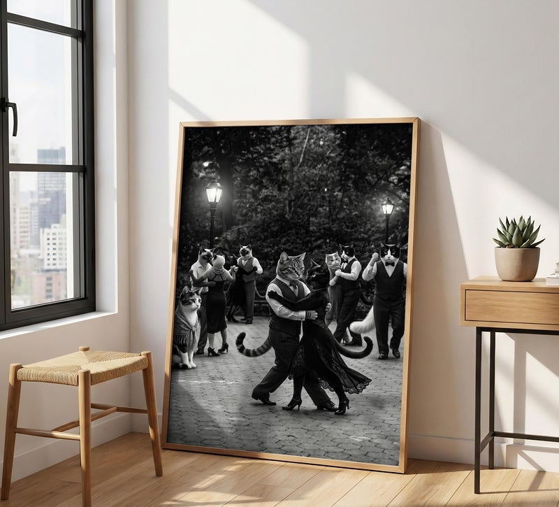 TNESSENTIAL Cat Tango Print – Black Cat Wall Art, Dancing Feline Poster, Anthropomorphic Cat Art, Tango Lovers Decor, Cat Lovers Gift, Unique Wall Art - Image 1