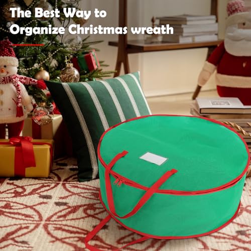 bruwaa 2 Pack Christmas Wreath Storage Container Bag 24", Card Slot Durable Handles and Double Zipper Storage Containers and to Protect Artificial Garland - Green - Image 3