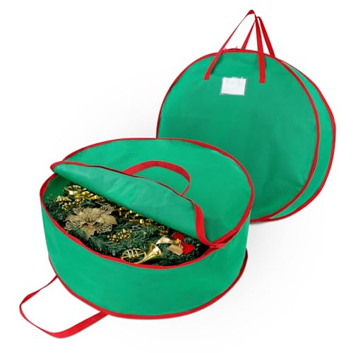 bruwaa 2 Pack Christmas Wreath Storage Container Bag 24", Card Slot Durable Handles and Double Zipper Storage Containers and to Protect Artificial Garland - Green - Image 1