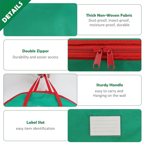 bruwaa 2 Pack Christmas Wreath Storage Container Bag 24", Card Slot Durable Handles and Double Zipper Storage Containers and to Protect Artificial Garland - Green - Image 4