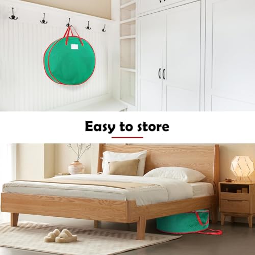 bruwaa 2 Pack Christmas Wreath Storage Container Bag 24", Card Slot Durable Handles and Double Zipper Storage Containers and to Protect Artificial Garland - Green - Image 5