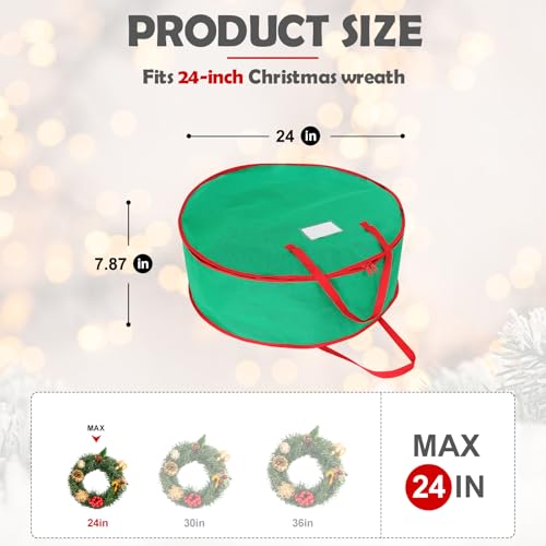 bruwaa 2 Pack Christmas Wreath Storage Container Bag 24", Card Slot Durable Handles and Double Zipper Storage Containers and to Protect Artificial Garland - Green - Image 2