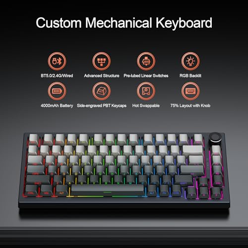 Gurjot Wireless Mechanical Keyboard, 75% Hot Swappable Custom Keyboard, Side Printed PBT Keycaps,BT/2.4GHz/USB-C, Hot Swappable, Knob, RGB Backlit, Mechanical Gaming Keyboards for PC/Tablet/PS/Xbox - Image 2
