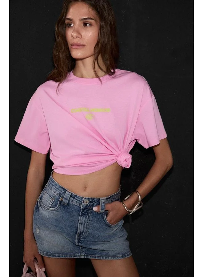 Grimelange FINESTE Women's Soft Fabric 100% Organic Cotton Printed Detailed Pink T-Shirt.