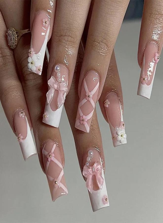 Elegant French Pearl Bow Floral Press-On Nails, Detachable White Nail Art Set - Image 2