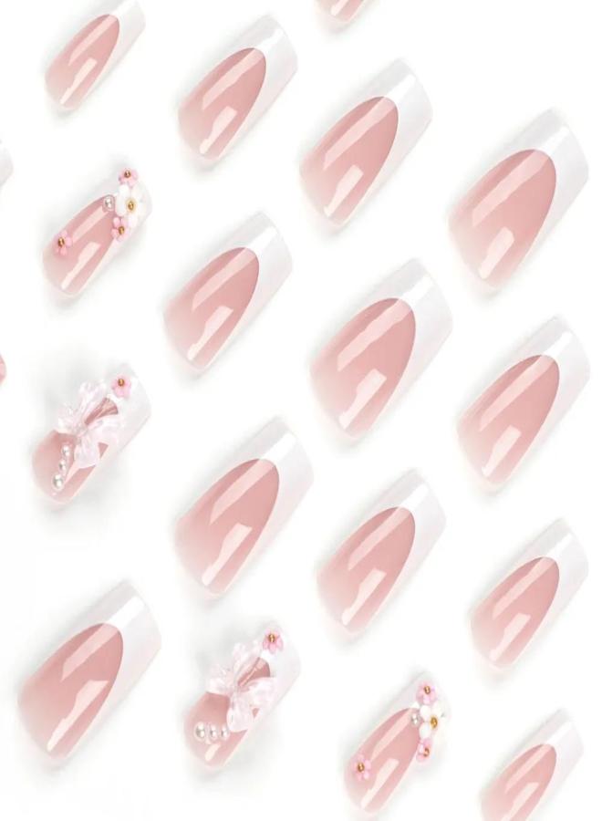Elegant French Pearl Bow Floral Press-On Nails, Detachable White Nail Art Set - Image 1