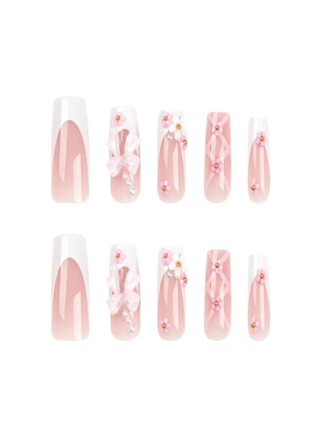 Elegant French Pearl Bow Floral Press-On Nails, Detachable White Nail Art Set - Image 3