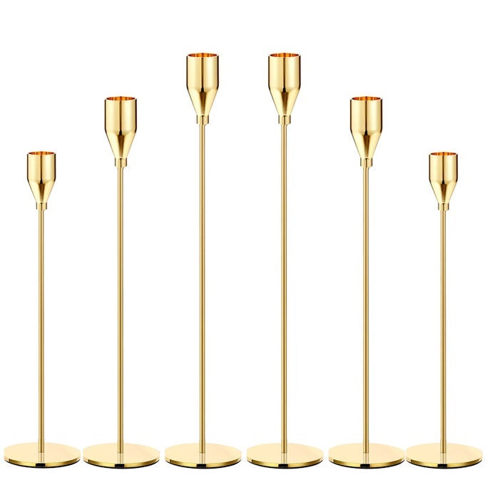 GOLD TAPER CANDLE HOLDERS SET OF 6 GOLD CANDLESTICK HOLDERS TAPER CANDLE HOLDERS FITS 34 THICK PILLAR CANDLE LED MODERN METAL CANDLES ELEGANT STANDS DECORATIVE TABLE CANDLE HOLDER