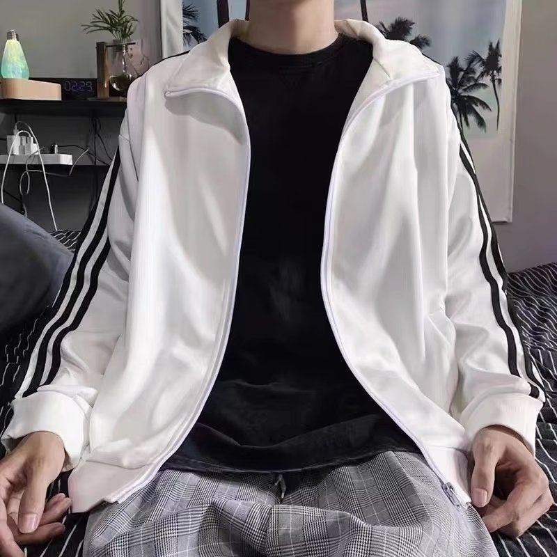 Casual Sports Jacket Mens and Womens Same Style Three Bar Vertical Collar Sweatshirt Simple BF Style Autumn Wear Couples Thin Jacket White 