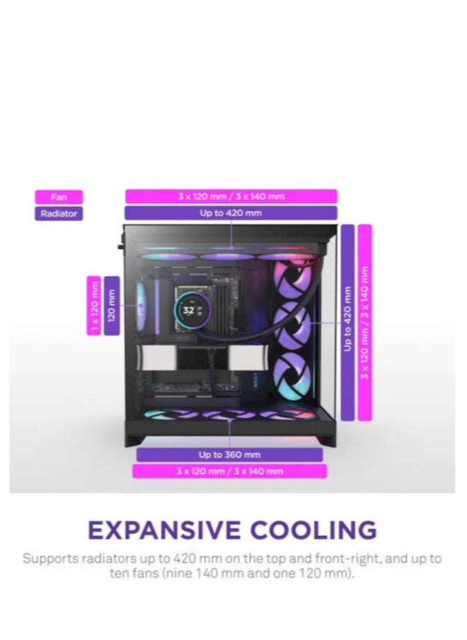 NZXT H9 Flow RGB, Dual-Chamber ATX Mid-Tower Case High-Airflow Design with Panoramic Tempered Glass, Supports Dual 360mm Radiators, Up to 10 Fans, Up To E-ATX Compatibility, Black | CM-H92FB-R1  - Image 3
