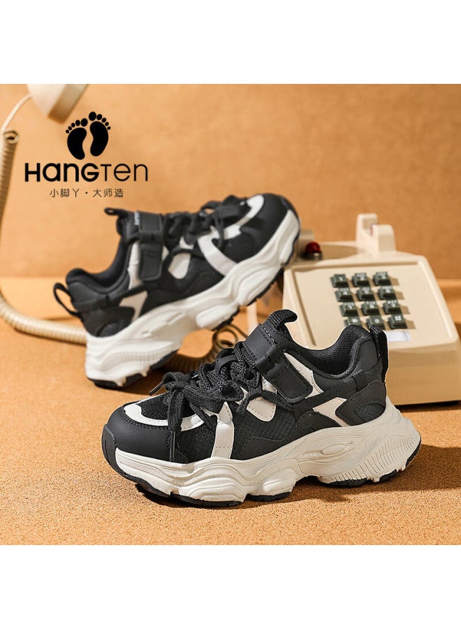 Hang Ten Kids Shoes  Autumn Children's Casual Shoes Shock Absorption Lightweight Soft Sole Boys Girls Sports Shoes Black Size 33