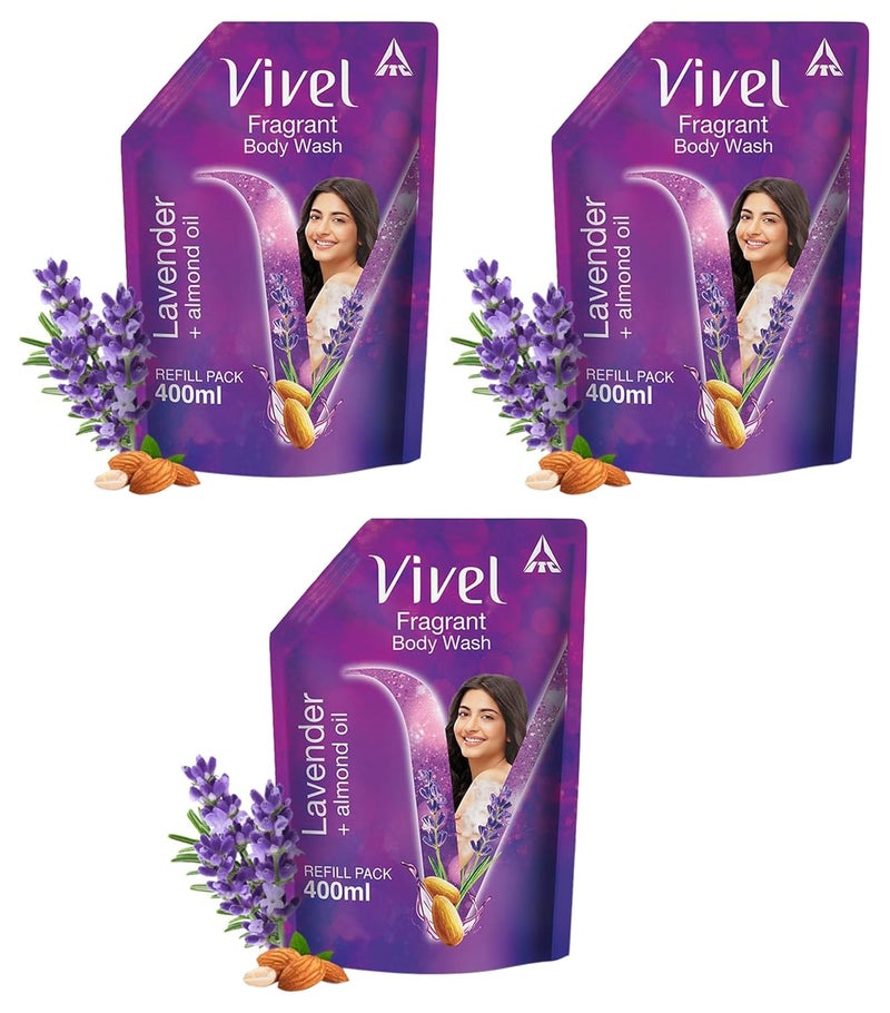 Vivel Exfoliating Body Wash Lavender Almond Oil Shower Gel Creme 400 ml Liquid Refill Pouch for Glowing and Moisturised Skin Refill Pouch All Skin Types Pack of 3 - Image 1