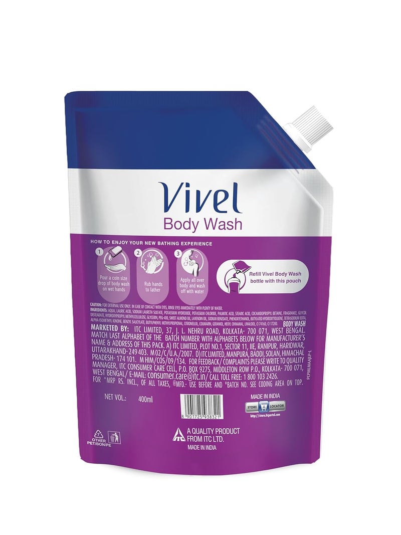 Vivel Exfoliating Body Wash Lavender Almond Oil Shower Gel Creme 400 ml Liquid Refill Pouch for Glowing and Moisturised Skin Refill Pouch All Skin Types Pack of 3 - Image 3