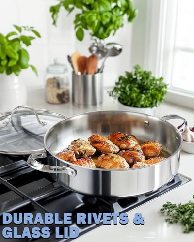 Cooks Standard بان عميق من الفولاذ المقاوم للصدأ متعدد الطبقات بسعة 5.5 لتر من كوكستاندارد، مقلاة 12 بوصة، مقلاة كبيرة مع غطاء، أدوات طهي للطهاة، مقبض بارد - Image 3