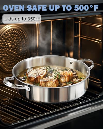 Cooks Standard بان عميق من الفولاذ المقاوم للصدأ متعدد الطبقات بسعة 5.5 لتر من كوكستاندارد، مقلاة 12 بوصة، مقلاة كبيرة مع غطاء، أدوات طهي للطهاة، مقبض بارد - Image 4