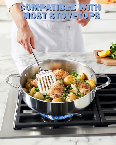 Cooks Standard بان عميق من الفولاذ المقاوم للصدأ متعدد الطبقات بسعة 5.5 لتر من كوكستاندارد، مقلاة 12 بوصة، مقلاة كبيرة مع غطاء، أدوات طهي للطهاة، مقبض بارد - Image 2