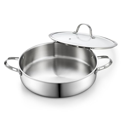 Cooks Standard بان عميق من الفولاذ المقاوم للصدأ متعدد الطبقات بسعة 5.5 لتر من كوكستاندارد، مقلاة 12 بوصة، مقلاة كبيرة مع غطاء، أدوات طهي للطهاة، مقبض بارد - Image 1