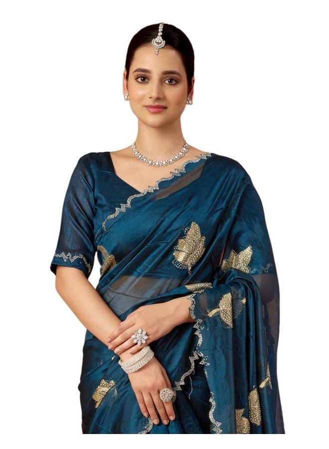 SIRIL Women's Silk Blend Weaving Stone Work Scalloped Border Saree With Unstitched Blouse Piece (4195S675_Rama Blue) - Image 1