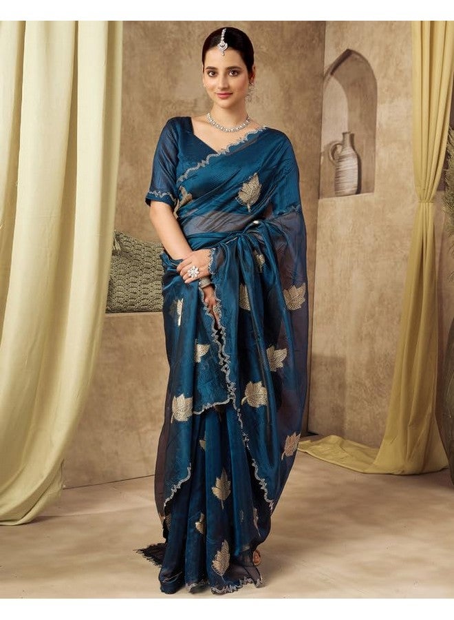 SIRIL Women's Silk Blend Weaving Stone Work Scalloped Border Saree With Unstitched Blouse Piece (4195S675_Rama Blue) - Image 4