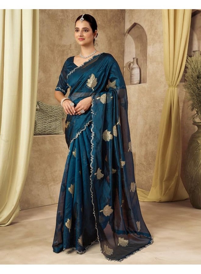 SIRIL Women's Silk Blend Weaving Stone Work Scalloped Border Saree With Unstitched Blouse Piece (4195S675_Rama Blue) - Image 2