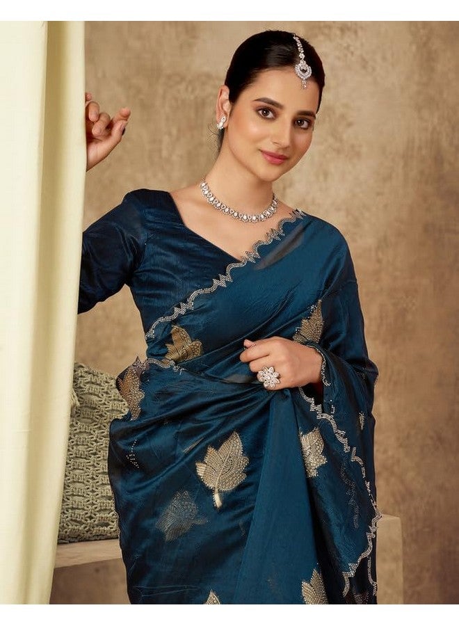 SIRIL Women's Silk Blend Weaving Stone Work Scalloped Border Saree With Unstitched Blouse Piece (4195S675_Rama Blue) - Image 5