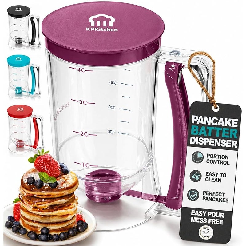 KPKitchen Pancake Batter Dispenser - Kitchen Must Have Tool for Perfect Pancakes, Cupcake, Waffle, Muffin Mix, Crepe & Cake - Easy Pour Baking Supplies for Griddle - Pancake Maker with Measuring Label - Image 1