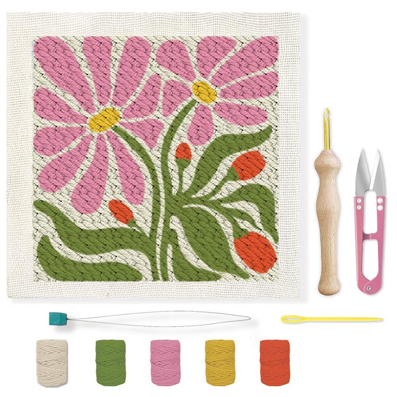 BEUNITONE Flower Beginners Punch Needle kit Handcraft Embroidery Starter Kits for Adults Flowers and Plants Punch Stitching Kit with Instruction Square Punch Needle Frame for Wall Decor 9.4'' x 9.4'' - Image 1