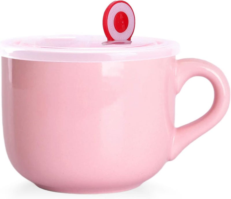 WHJY Simple Ceramic Soup Mugs with Lid 22 oz Soup Cups with Handle Microwave Oatmeal Bowl Coffee Mug with Lid and Handle for Milk Tea Fruit Ice Cream Cereal Coffee  Pink - Image 1