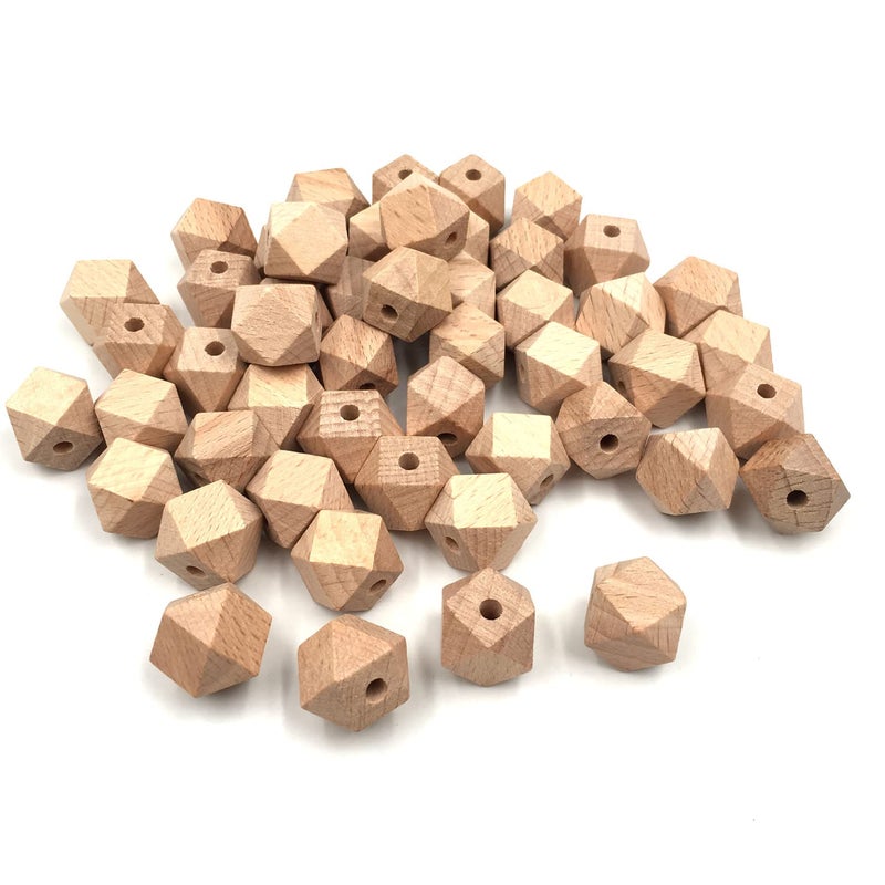 HEOCAKR Natural Geometric Polygon Beech Wood Beads 50 Pieces Faceted Hexagon Unfinished 16mm Wooden Spacer Beads for Necklace Bracelet Garland Jewelry DIY Craft Making