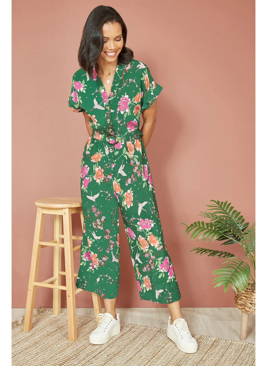 Yumi Recycled Crane Print Jumpsuit With Matching Belt