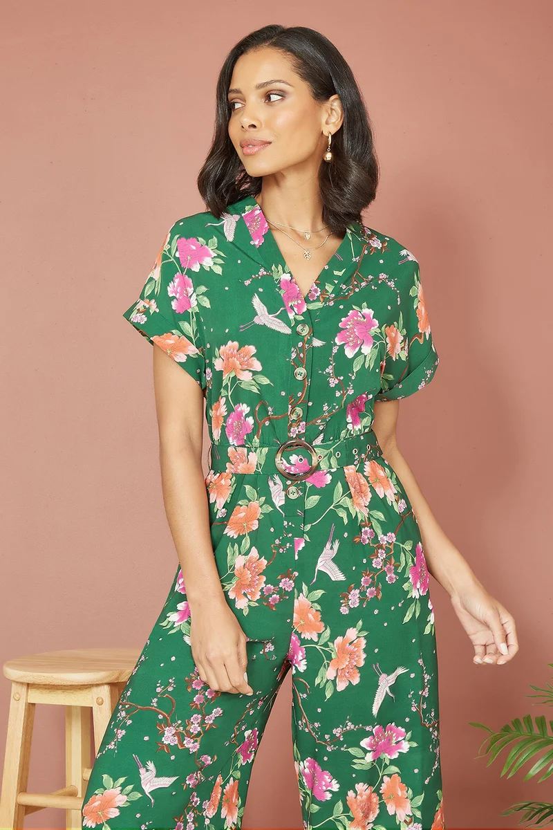 يامي Recycled Crane Print Jumpsuit With Matching Belt