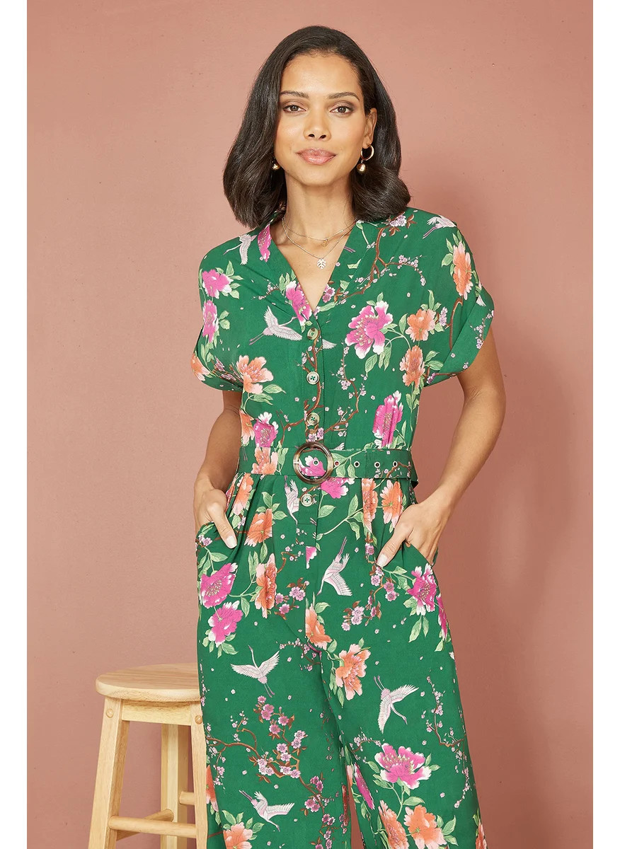 Yumi Recycled Crane Print Jumpsuit With Matching Belt