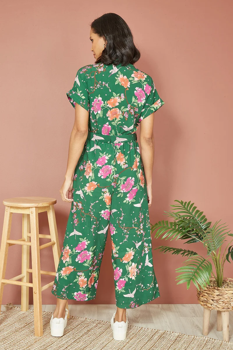 يامي Recycled Crane Print Jumpsuit With Matching Belt