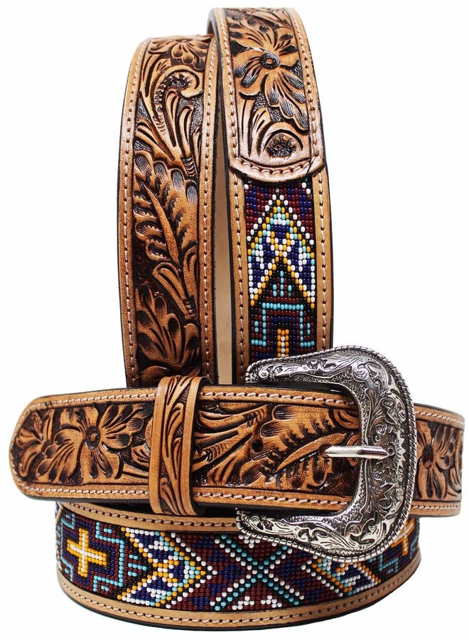CHALLENGER 31-32 Western Two-Tone Floral Tooled Beaded Full-Grain Leather Belt 26FK29 - Image 1