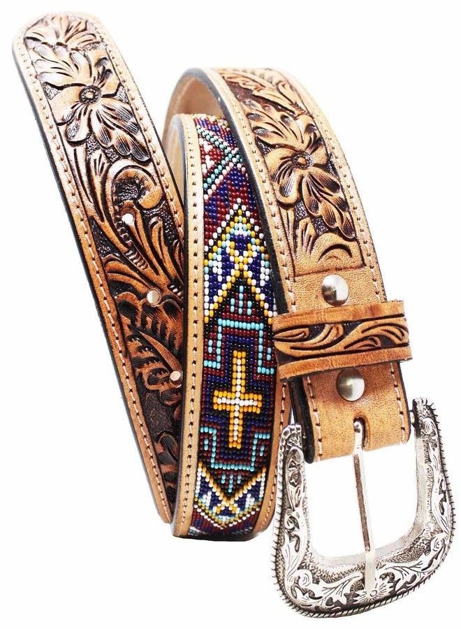 CHALLENGER 31-32 Western Two-Tone Floral Tooled Beaded Full-Grain Leather Belt 26FK29 - Image 2