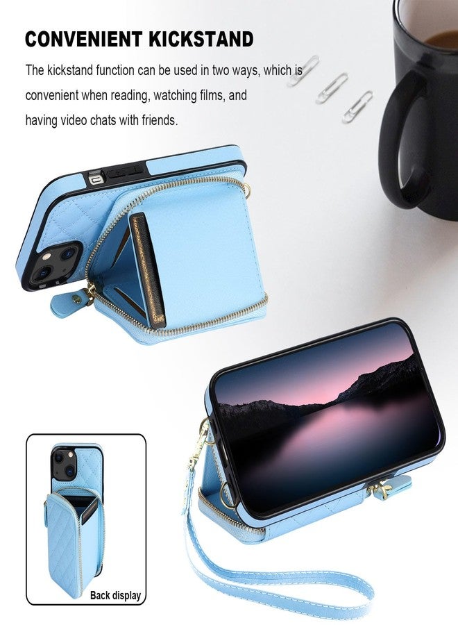 Bocasal Crossbody Wallet Case for iPhone 13, RFID Blocking PU Leather Zipper Handbag Purse Flip Cover, Kickstand Folio Case with Card Slots Holder Wrist Strap Lanyard 5G 6.1 Inch (Blue) - Image 5