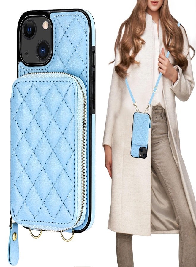 Bocasal Crossbody Wallet Case for iPhone 13, RFID Blocking PU Leather Zipper Handbag Purse Flip Cover, Kickstand Folio Case with Card Slots Holder Wrist Strap Lanyard 5G 6.1 Inch (Blue) - Image 1
