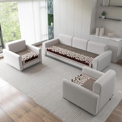 Nendle Refined Velvet Floral Sofa Mat 5 Seater Set Cover Elegant and Durable Protector for Living Room Sofa Set 3+1+1, Suitable for Wooden, Leather, Other Fabric Sofa Set (Color Brown, Pack of 3) - Image 1