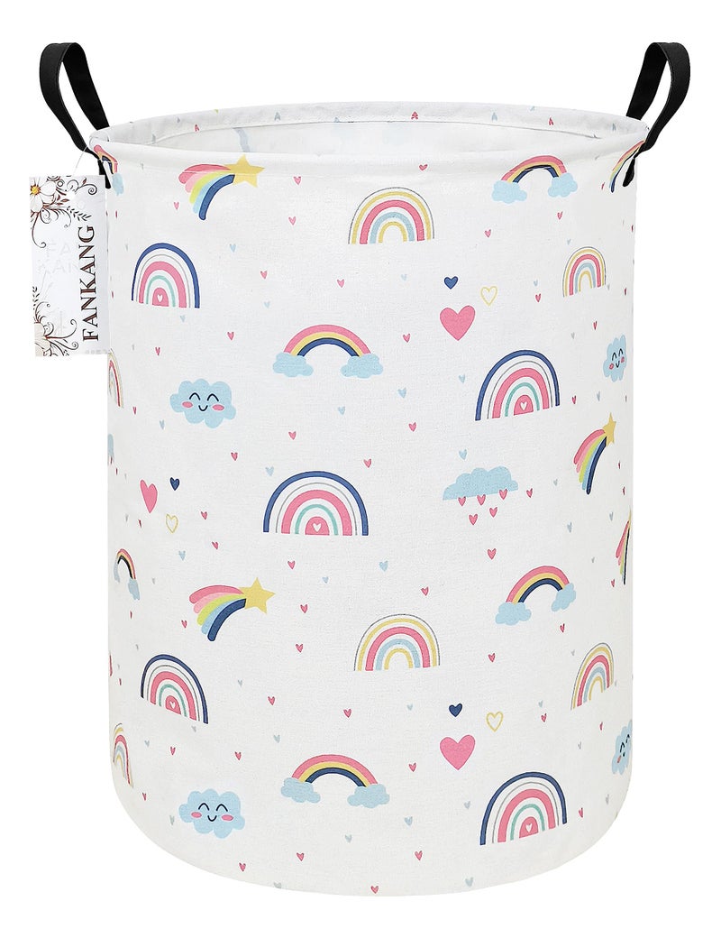 FANKANG Laundry Hamper Storage Bins Nursery Hamper Canvas Foldable with Waterproof PE Coating Storage Baskets for Toys Room Nursery HomeGift Basket Office Bedroom Clothes Round Love Rainbow