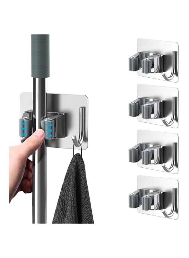 هوكور حامل الممسحة والمكنسة من توريسيك، منظم الممسحة والمكنسة يثبت على الحائط شديد التحمل مع شماعة خطافات، 4 قطع من الستانلس ستيل ذاتي اللصق للحمام والمطبخ والمكتب (فضي) - Image 1