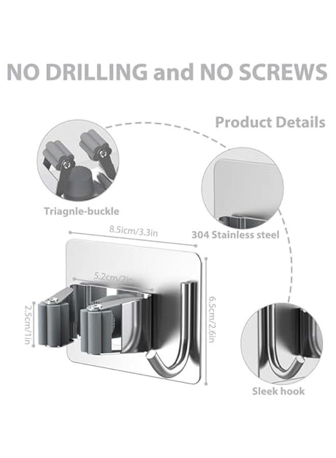 هوكور حامل الممسحة والمكنسة من توريسيك، منظم الممسحة والمكنسة يثبت على الحائط شديد التحمل مع شماعة خطافات، 4 قطع من الستانلس ستيل ذاتي اللصق للحمام والمطبخ والمكتب (فضي) - Image 4