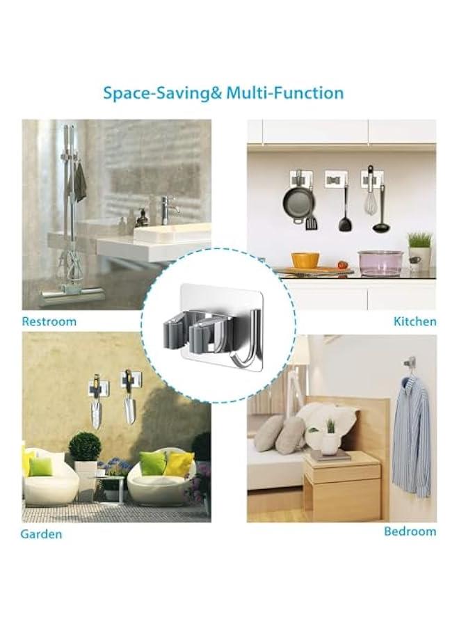 هوكور حامل الممسحة والمكنسة من توريسيك، منظم الممسحة والمكنسة يثبت على الحائط شديد التحمل مع شماعة خطافات، 4 قطع من الستانلس ستيل ذاتي اللصق للحمام والمطبخ والمكتب (فضي) - Image 5