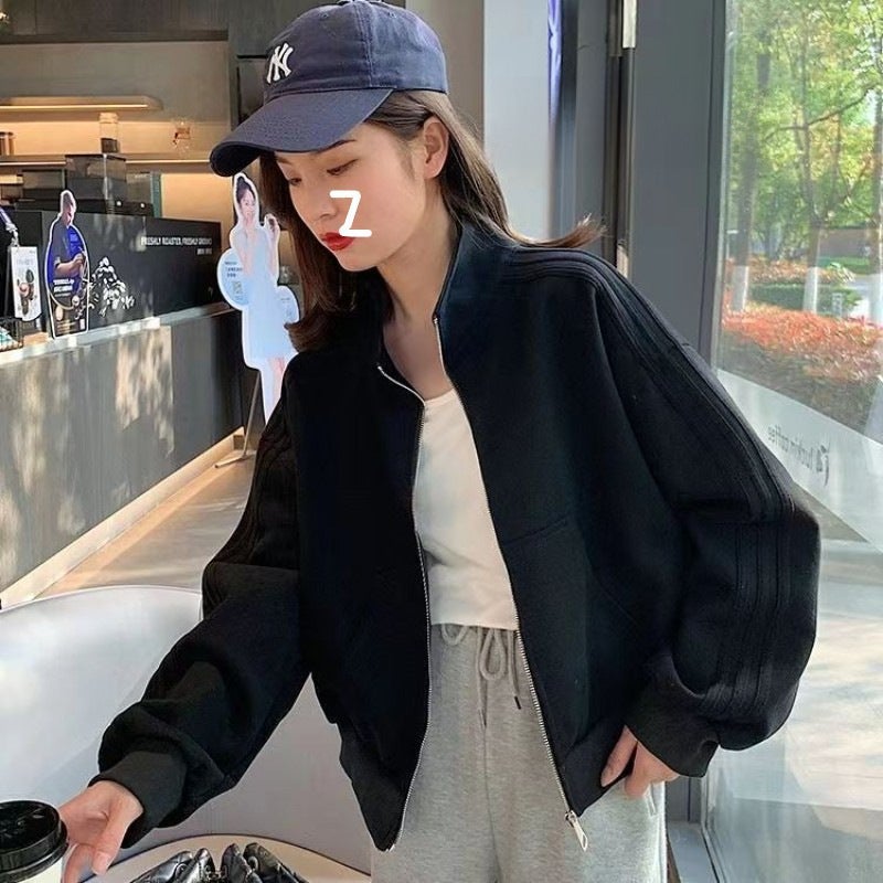 Casual Baseball Jacket Women Zip-up Stand Collar 2023 black - Image 5