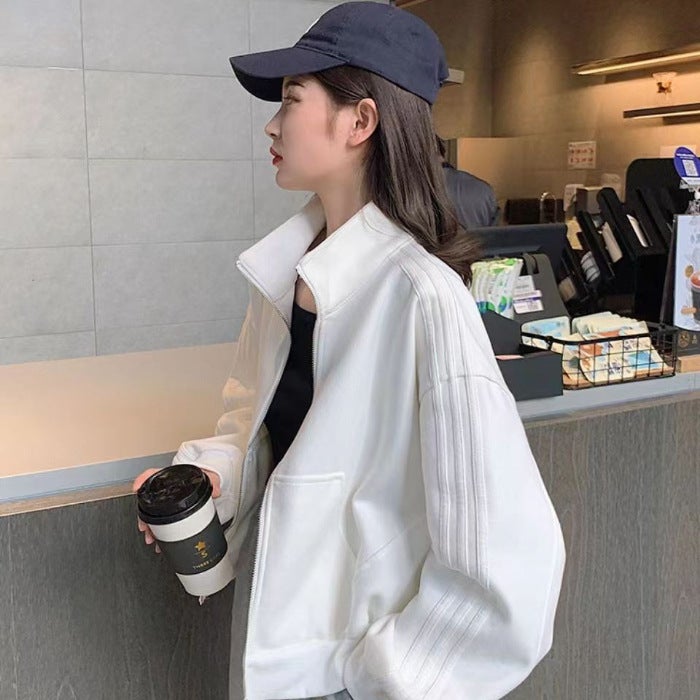 Casual Baseball Jacket Women Zip-up Stand Collar 2023 black - Image 3