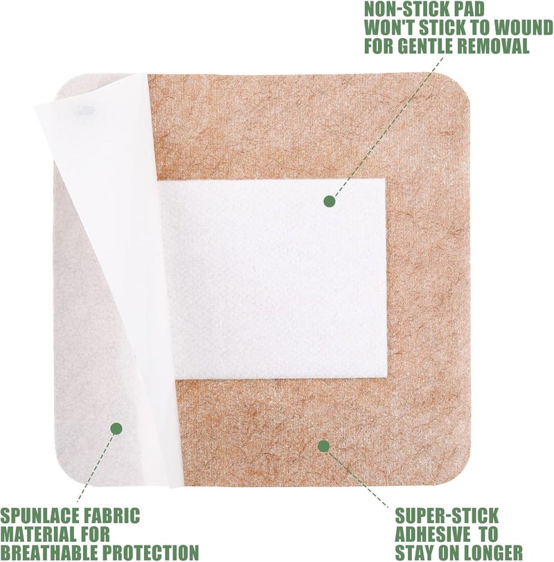 Teling تيلين 50 قطعة لاصقة كبيرة الحجم لاصقات بنية 4 × 4 بوصة لاصقات قماش مرنة للإصابات لوازم الضمادات بالجملة وسادات غير لاصقة للعناية بالجروح - Image 3